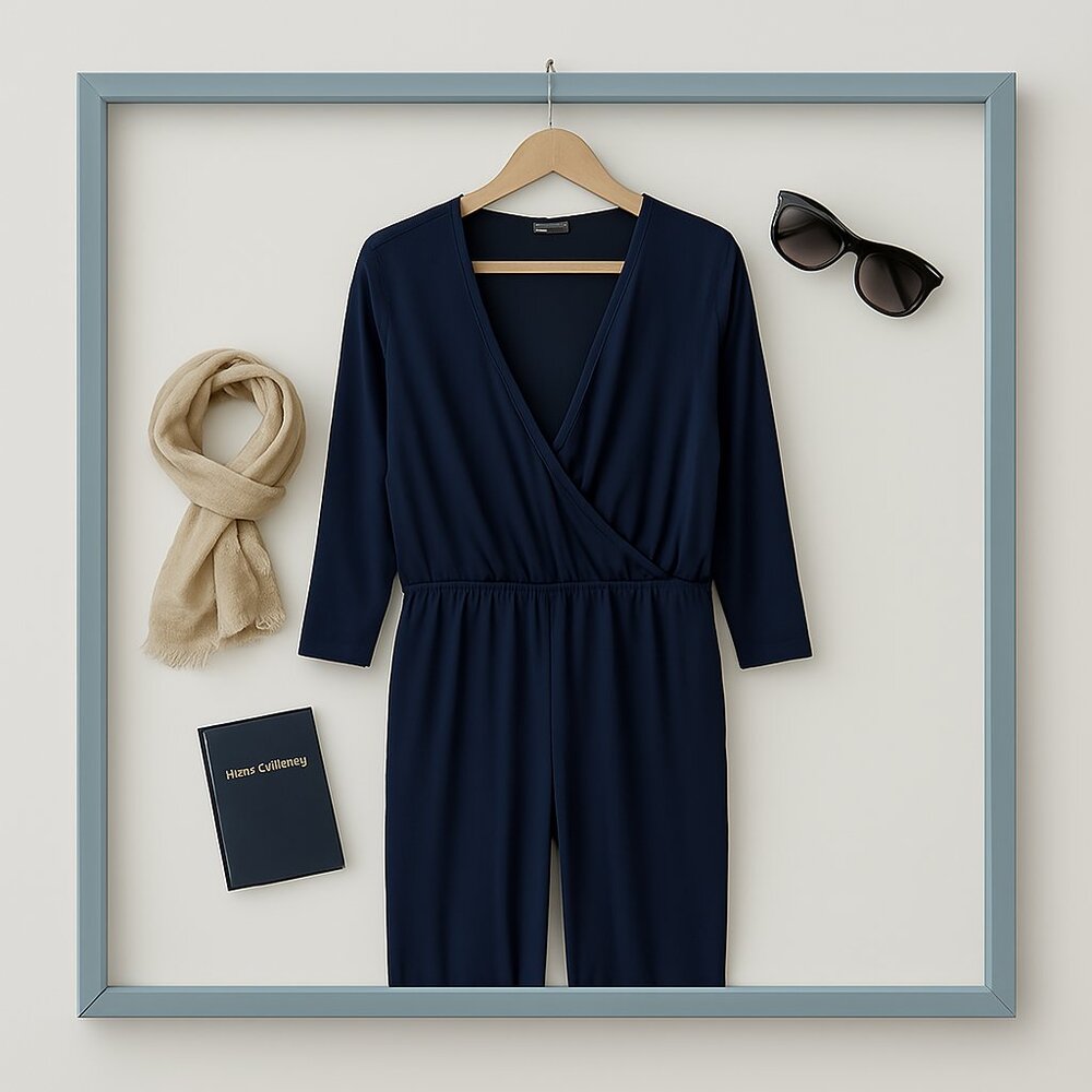 Elegant Navy Wrap Belted Jumpsuit Ruched Legs Size Plus 1x